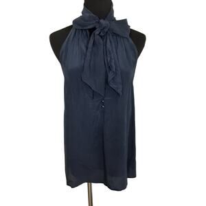 Marc Jacobs 100% Silk Tie Neck Sleeveless Blouse Navy Blue Womens M Quiet Luxury